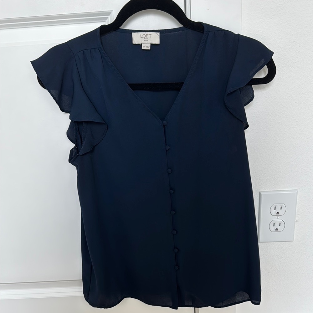 LOFT Women's Navy Ruffle Sleeve Top